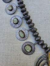 Load image into Gallery viewer, Vintage Squash Blossom Necklace ~ coin silver + turquoise