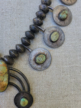 Load image into Gallery viewer, Vintage Squash Blossom Necklace ~ coin silver + turquoise
