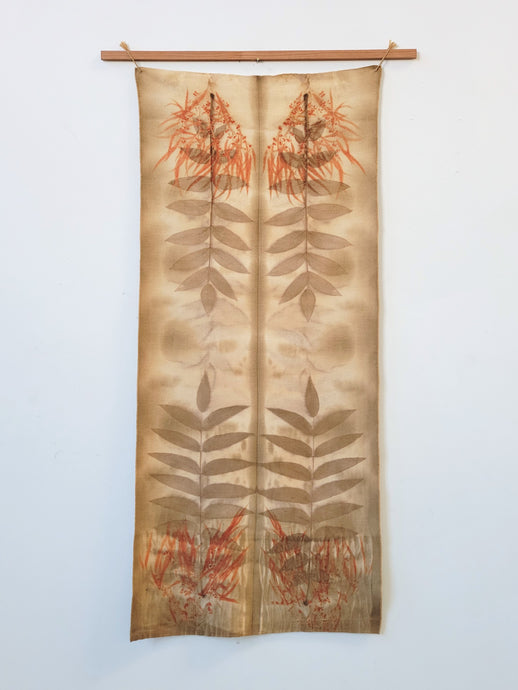 wall hanging, natural dye, eco print, wool, climate beneficial, fibershed, sustainable fashion, eco home decor